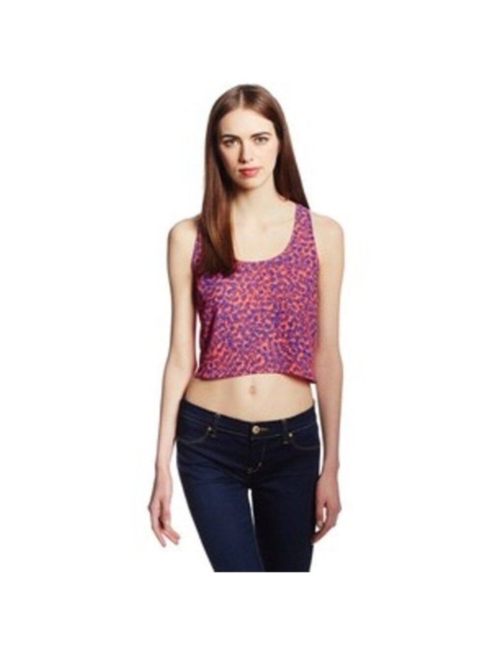 EIGHT SIXTY Cropped Tee TANK TOP Racer & Pleated Back BLUE CORAL Prints M